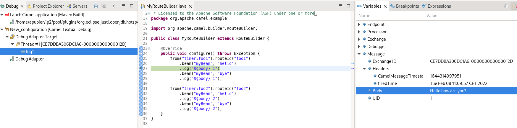 Breakpoint suspended with variable values expanded to see body and headers