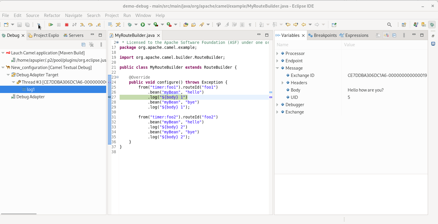 Stepping in a Camel route written in Java