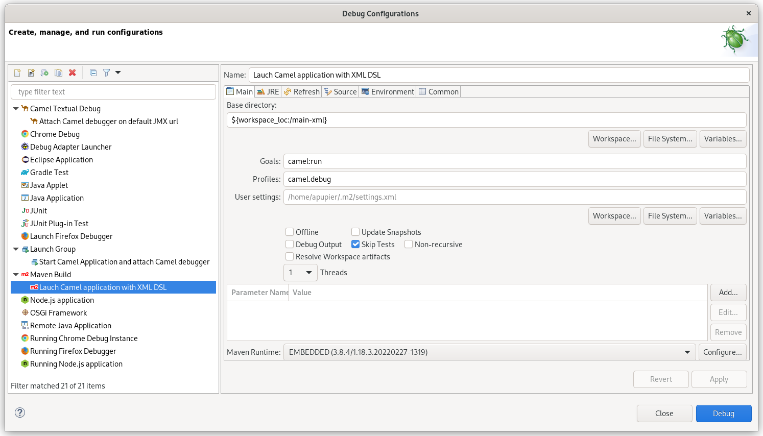 Maven Build launch configuration with goal camel:run and profile camel.debug