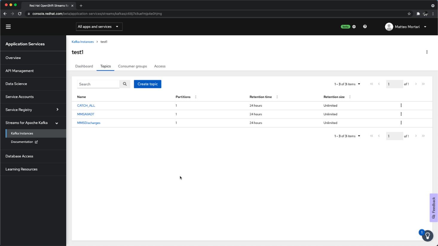 Creating the topic (queues) in the Managed Kafka