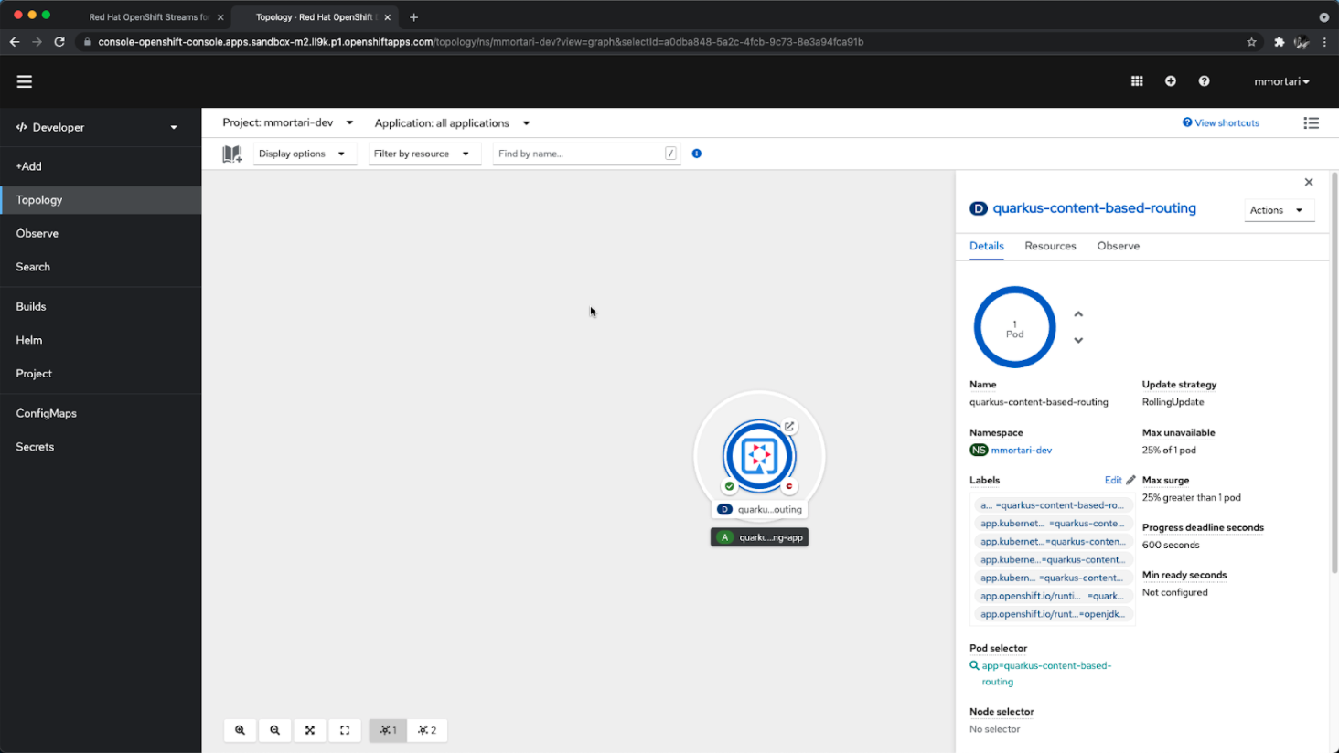 The content based routing application now deployed on OpenShift