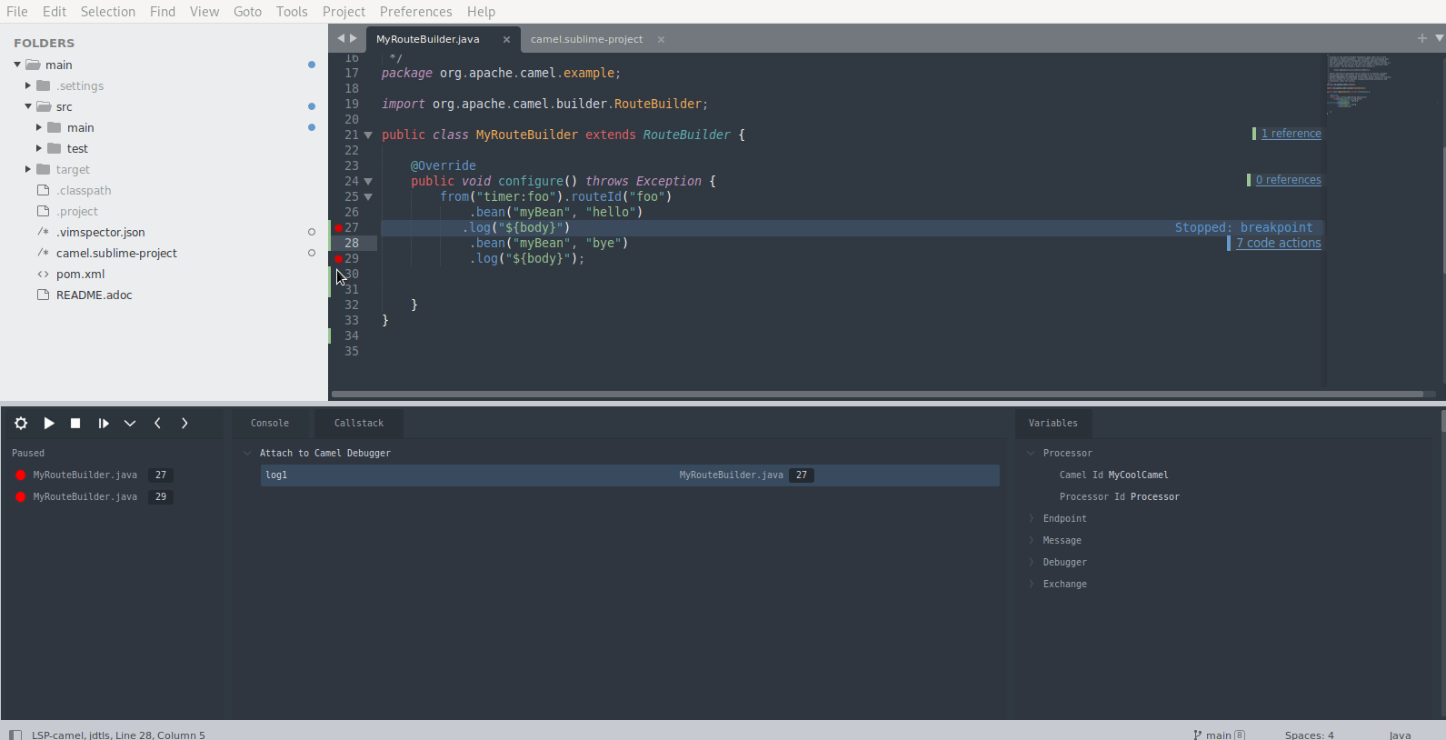 A breakpoint hit on a Camel route endpoint